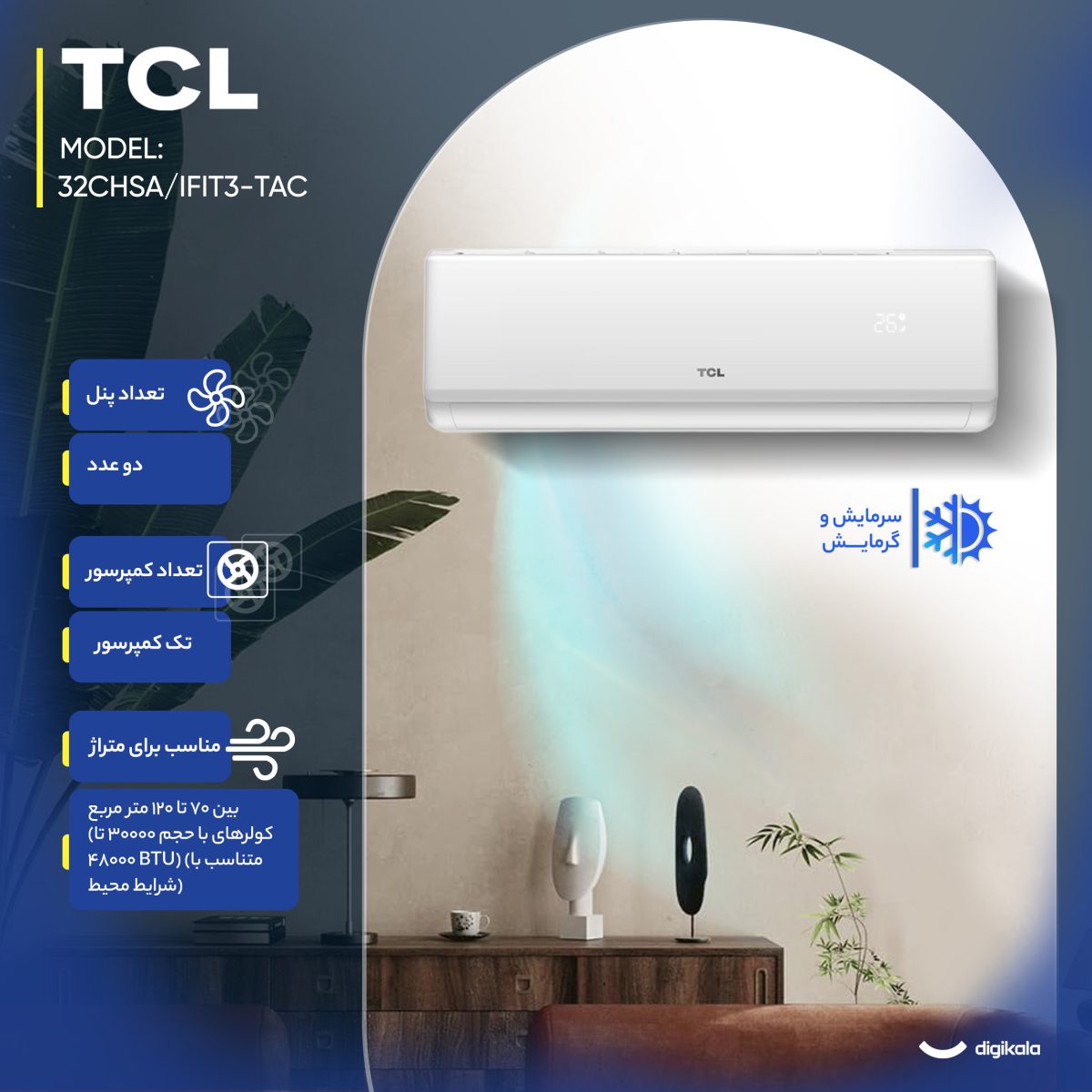 کولر گازی اسپلیت دیواری 32000 اینورتر تی سی ال مدل TAC-32CHSA/IFIT3